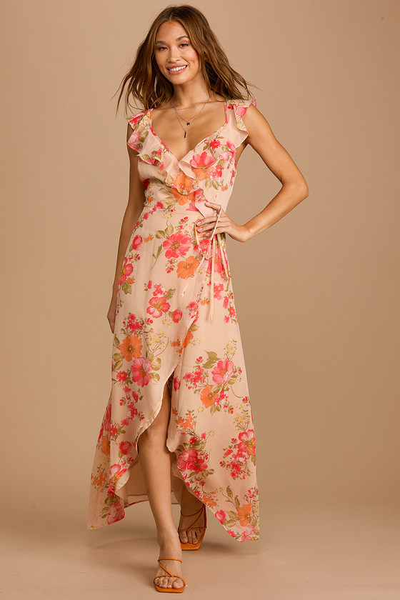 Beige Floral Print Dress - Ruffled Maxi Dress - Maxi Wrap Dress - Lulus